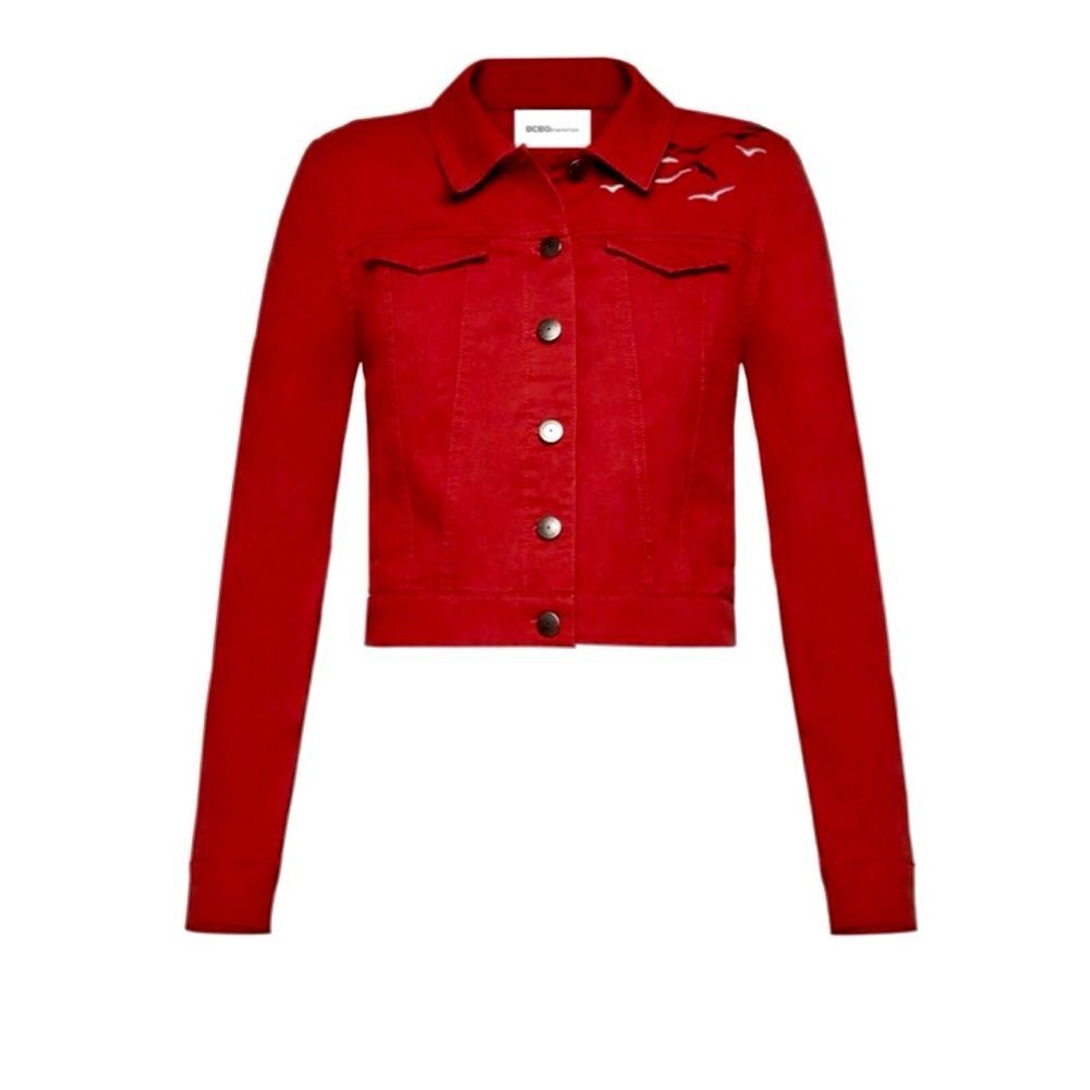 BCBG Cropped Denim Jacket Tomato Red Soft Cotton Lightweight Embroidered XXS